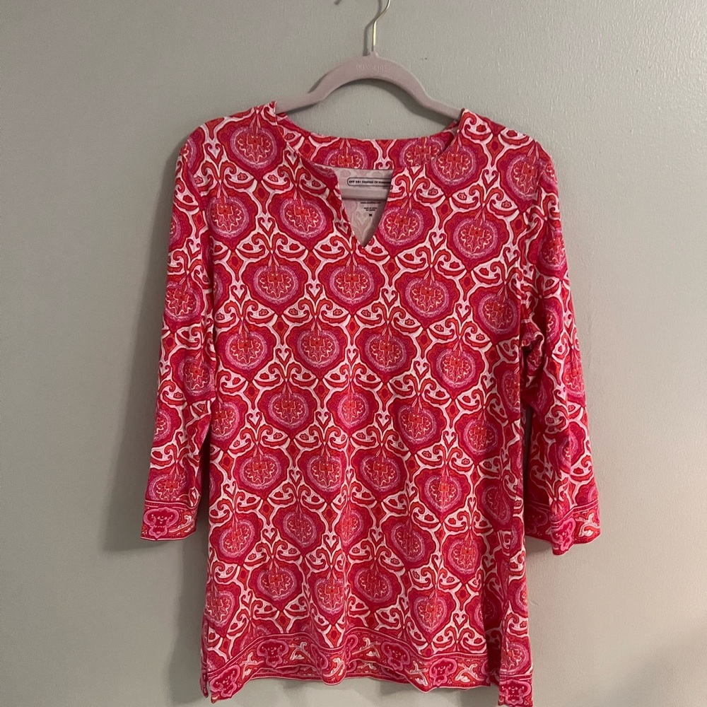 Coolibar Tunic red/pink top 3/4 Sleeve UPF 50+ Print Size M